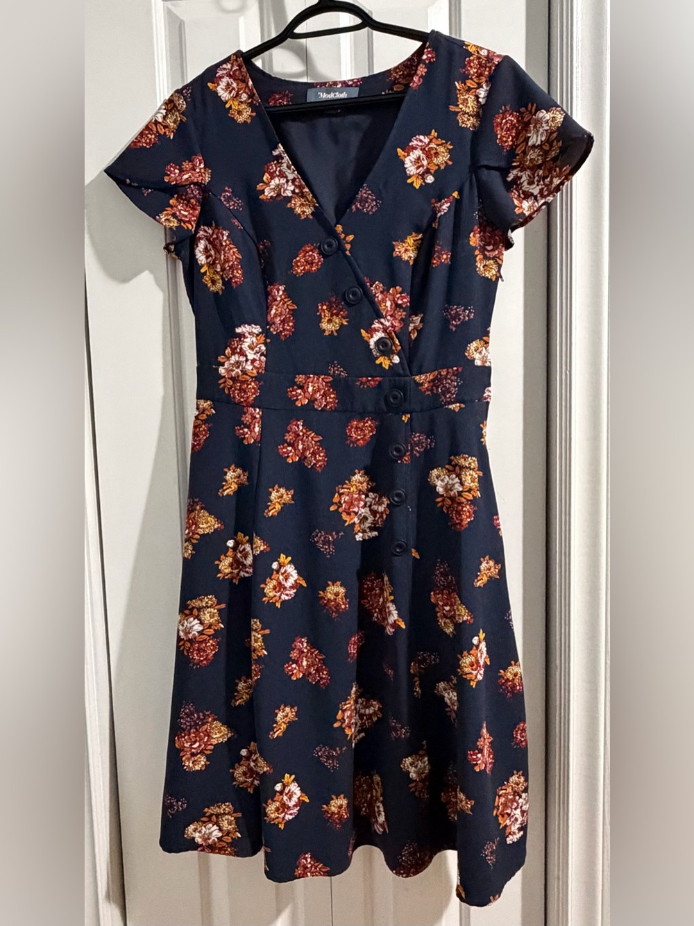 Modcloth Navy Floral Button-Front Dress with Rust and Cream Blooms